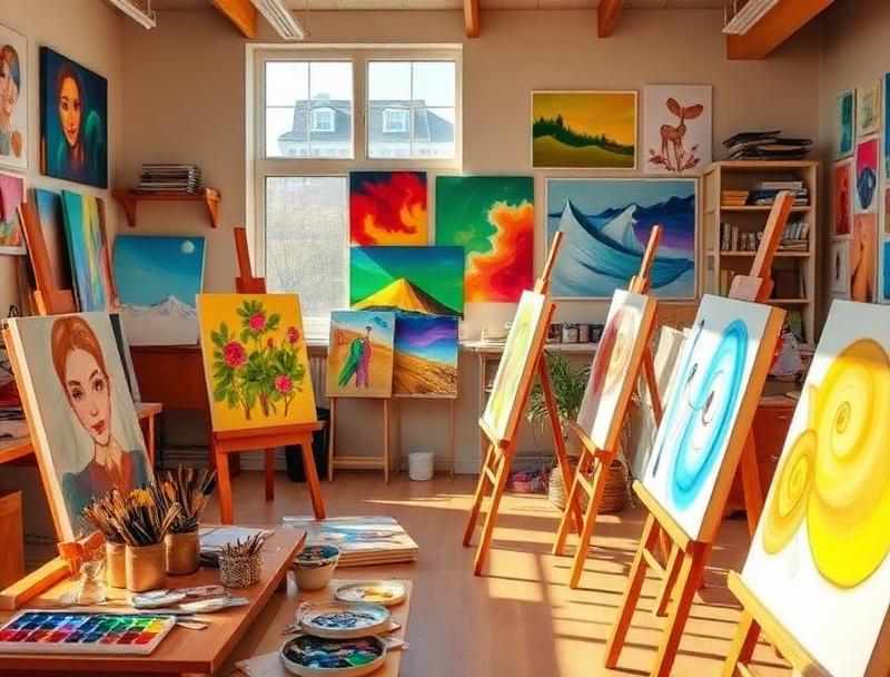 Kunstraum mit Staffeleien, Farben und gemalten Bildern
