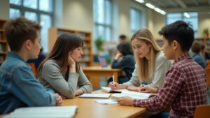 Vier Jugendliche arbeiten gemeinsam an einem Tisch in einer Bibliothek