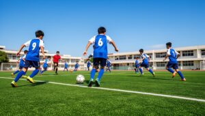 Jugendliche in blau-weißen Trikots spielen Fußball auf einem Kunstrasenplatz vor einem Schulgebäude