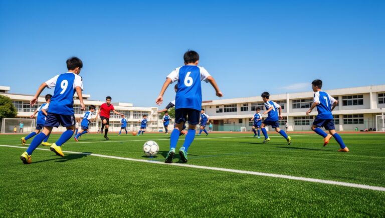 Jugendliche in blau-weißen Trikots spielen Fußball auf einem Kunstrasenplatz vor einem Schulgebäude