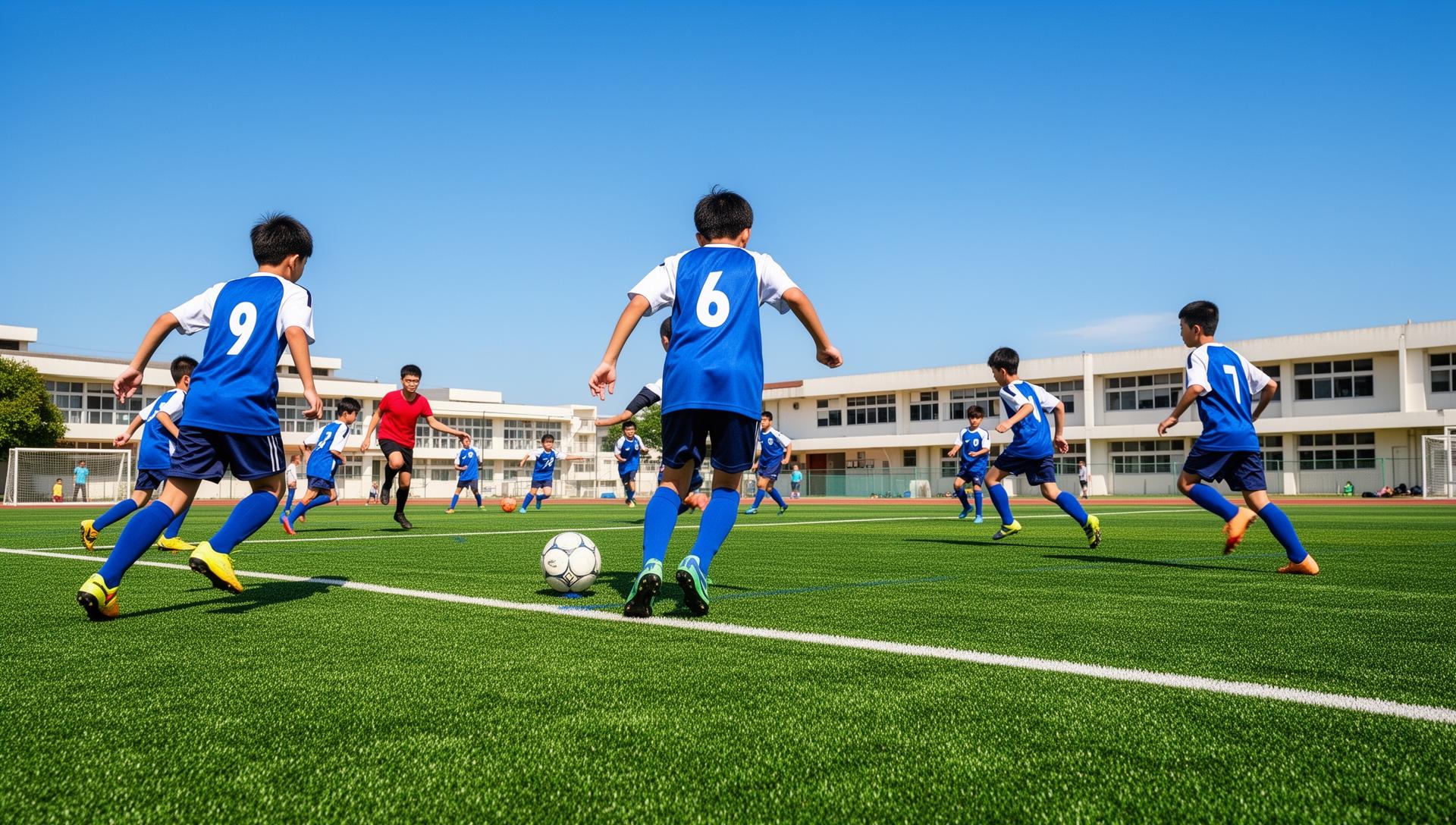 Jugendliche in blau-weißen Trikots spielen Fußball auf einem Kunstrasenplatz vor einem Schulgebäude