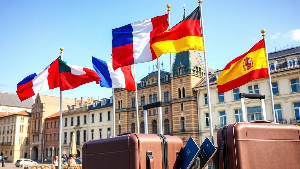 Wehende Flaggen mehrerer europäischer Länder vor einer historischen Fassade, davor Reisekoffer