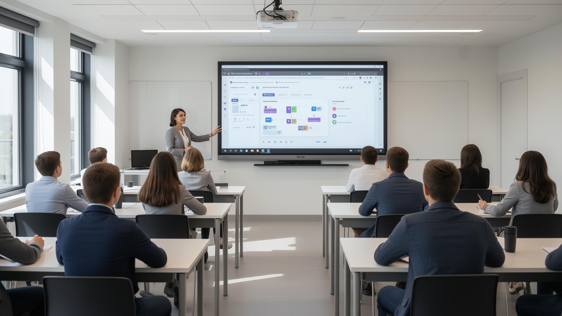 Lehrkraft unterrichtet mit interaktivem Smartboard