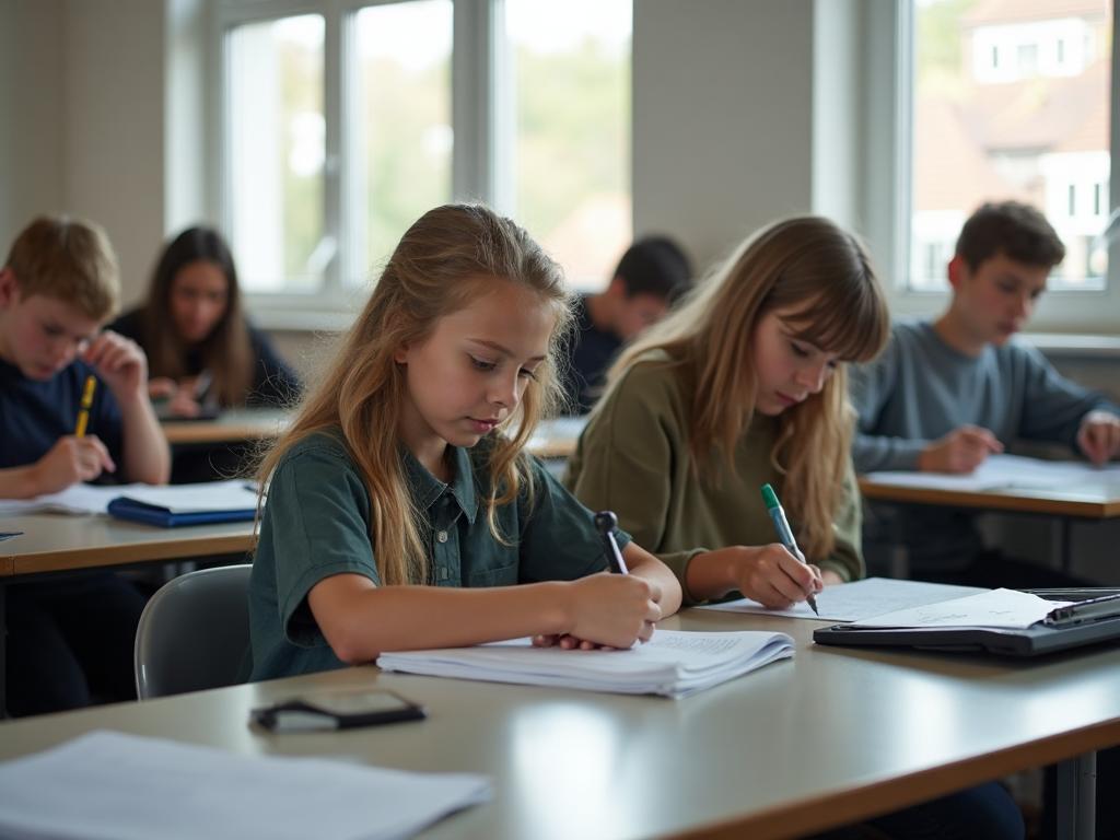 Schülerinnen und Schüler arbeiten nebeneinander an ihren Aufgaben