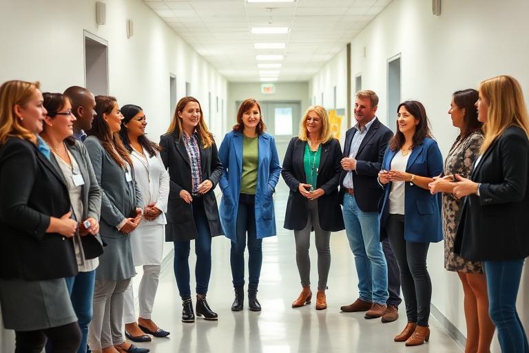 Eine Gruppe Erwachsener steht im Gespräch in einem hellen Schulflur