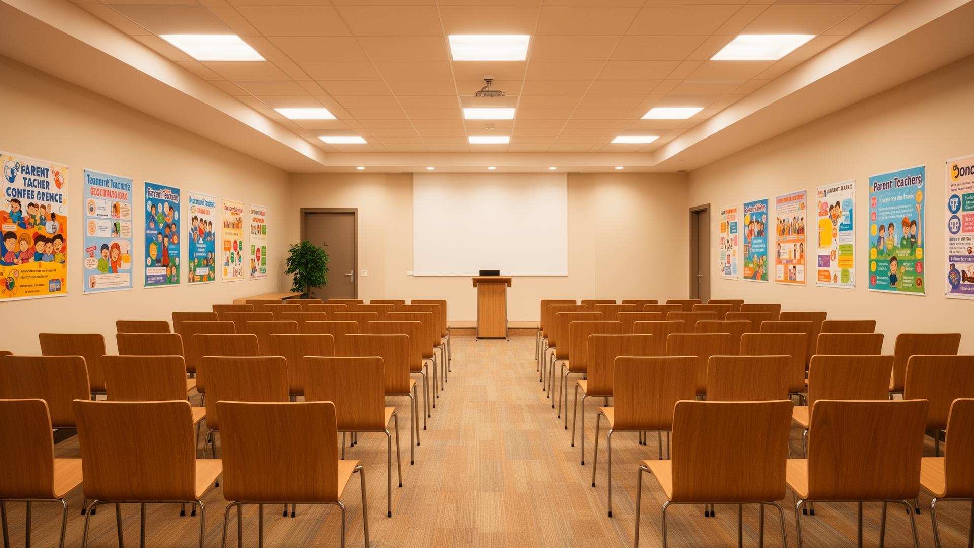 Bestuhlter Saal mit langen Stuhlreihen, vorbereitet für einen Elternabend