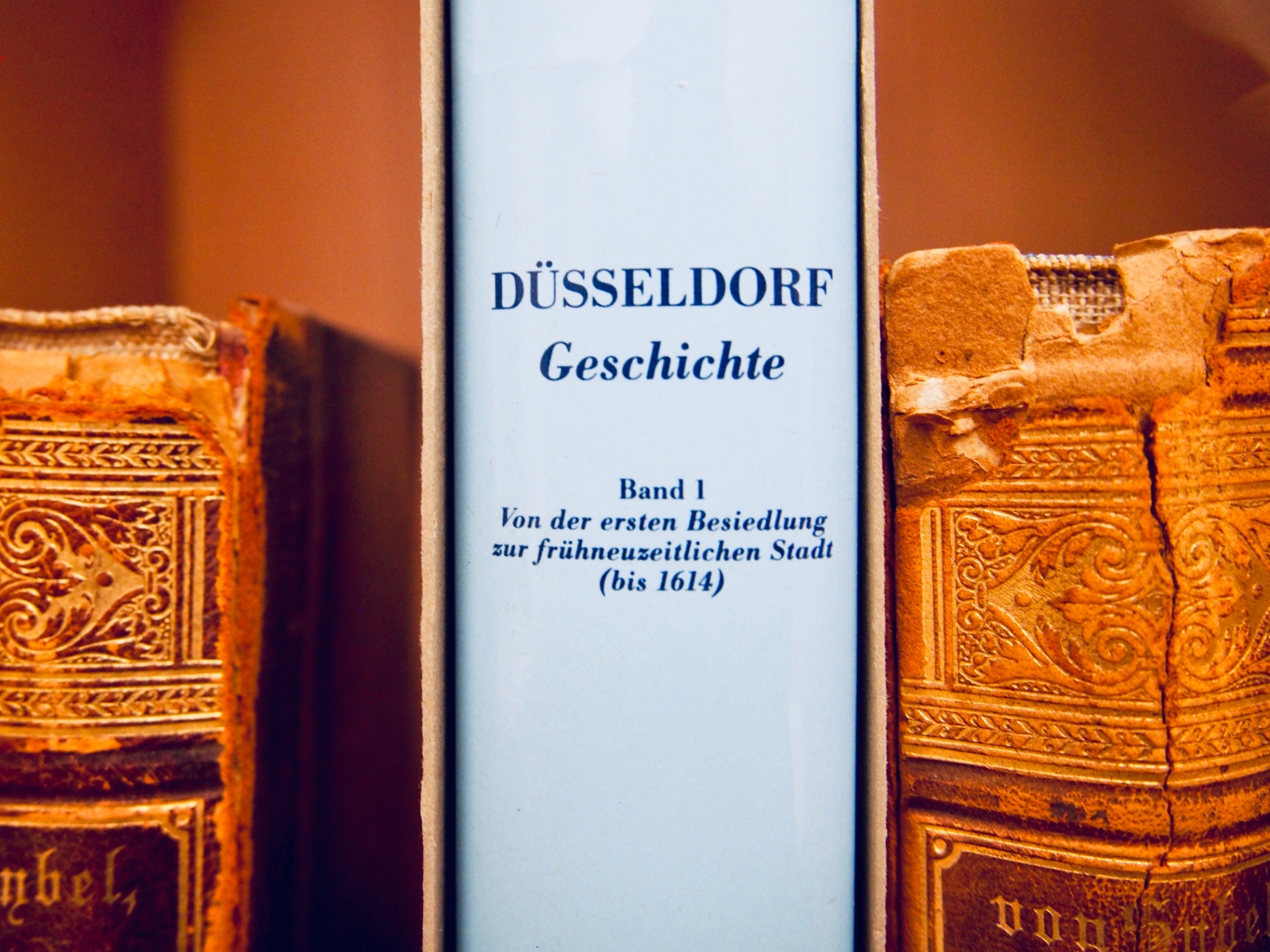 Buchrücken in einem Regal: zwischen zwei goldverzierten Ledereinbänden steht ein hellblauer Band „Düsseldorf Geschichte, Band 1“
