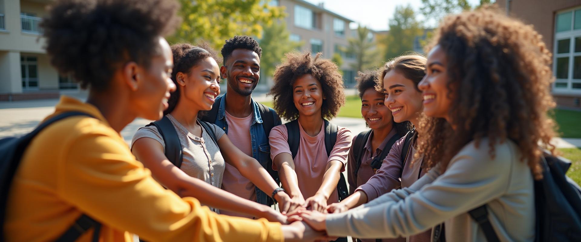 Schülerinnen und Schüler stehen im Kreis und legen die Hände übereinander