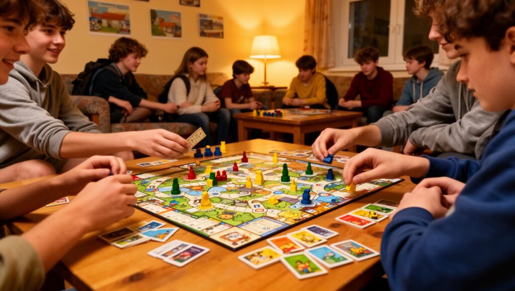 Jugendliche spielen abends gemeinsam ein Brettspiel im Aufenthaltsraum einer Jugendherberge