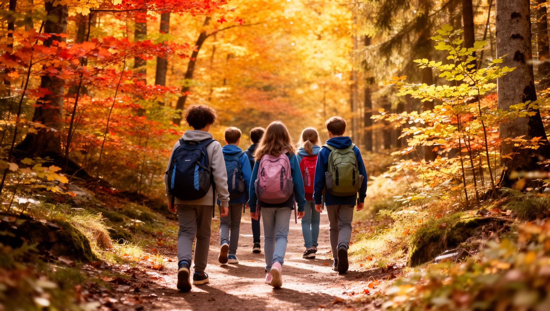 Sechs Kinder mit Rucksäcken gehen auf einem Waldweg zwischen herbstlich gefärbten Bäumen