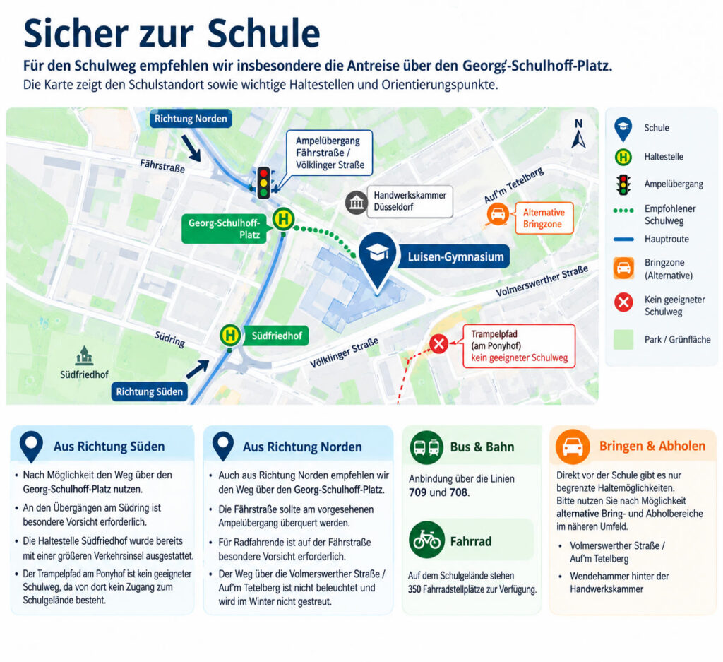 Infografik „Sicher zur Schule“: Karte des Schulumfelds mit dem Luisen-Gymnasium an der Völklinger Straße, den Haltestellen Georg-Schulhoff-Platz und Südfriedhof, dem Ampelübergang Fährstraße/Völklinger Straße, dem empfohlenen Schulweg über den Georg-Schulhoff-Platz und dem nicht geeigneten Trampelpfad am Ponyhof.