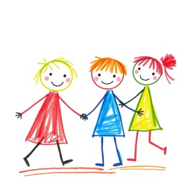 Kinderzeichnung: drei Kinder gehen Hand in Hand nebeneinander