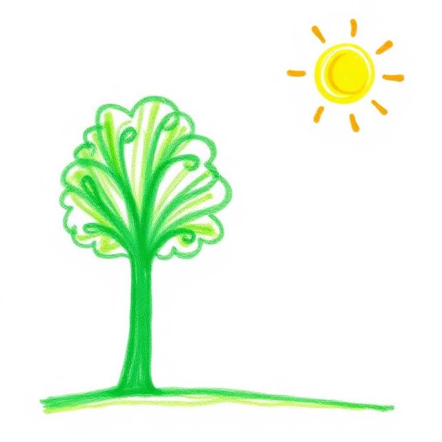 Kinderzeichnung: ein grüner Baum auf einer Wiese unter der Sonne