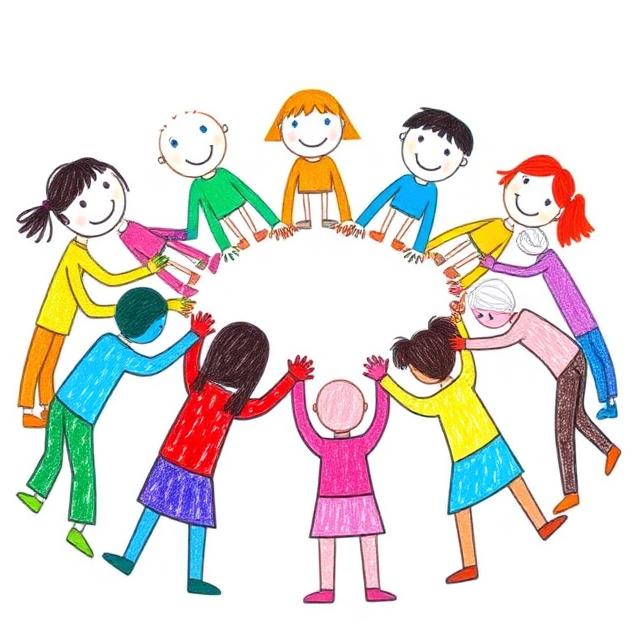Kinderzeichnung: Kinder mit unterschiedlichem Aussehen stehen im Kreis und halten sich an den Händen