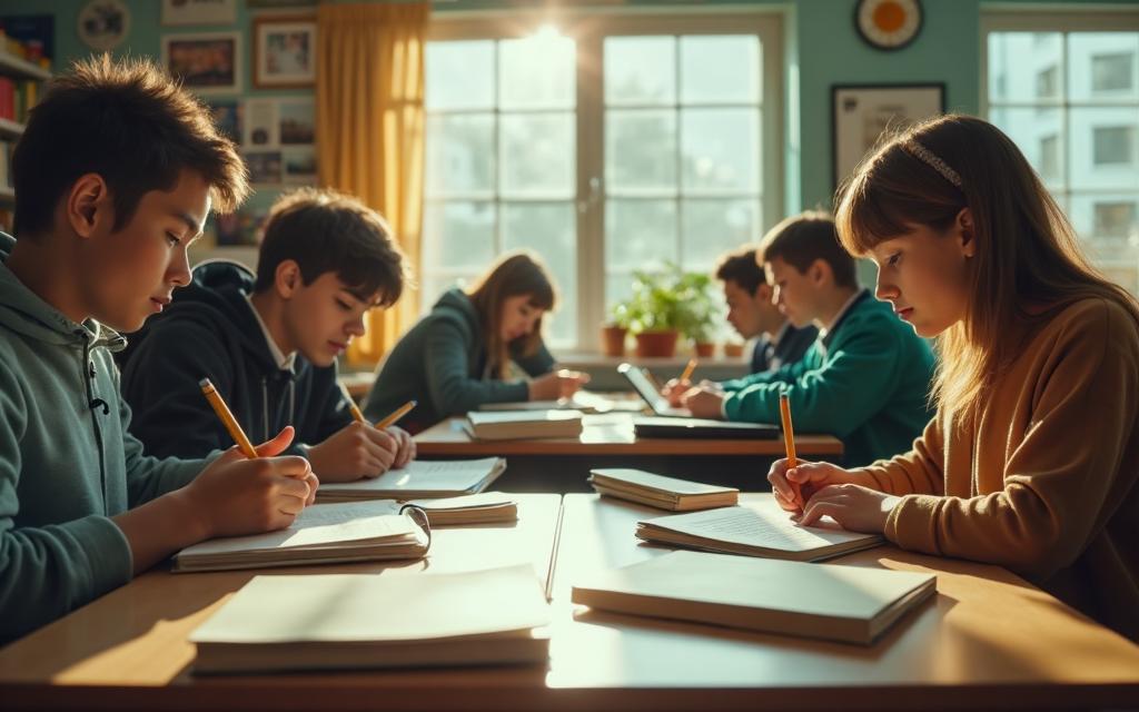 Jugendliche schreiben konzentriert an langen Tischen in einem hellen Klassenraum